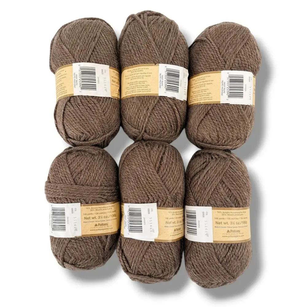 Patons Shetland Chunky Yarn 6 Skeins Deep Taupe Brown 03020 Wool Acrylic 100g